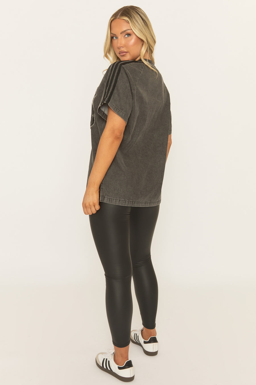 Grey Distressed Varsity Denim T-Shirt - Vika