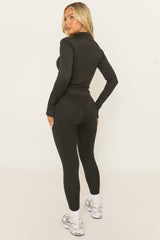 Black Zip Through Jacket and Legging Activewear Set - Rehyan