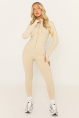 Beige Zip Through Jacket and Legging Activewear Set - Rehyan