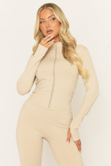Beige Zip Through Jacket and Legging Activewear Set - Rehyan