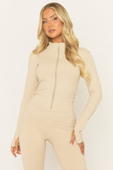 Beige Zip Through Jacket and Legging Activewear Set - Rehyan