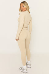 Beige Zip Through Jacket and Legging Activewear Set - Rehyan
