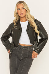 Black Cropped PU Biker Jacket - Kristine