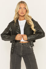 Black Cropped PU Biker Jacket - Kristine