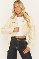 Cream Cropped PU Biker Jacket - Kristine