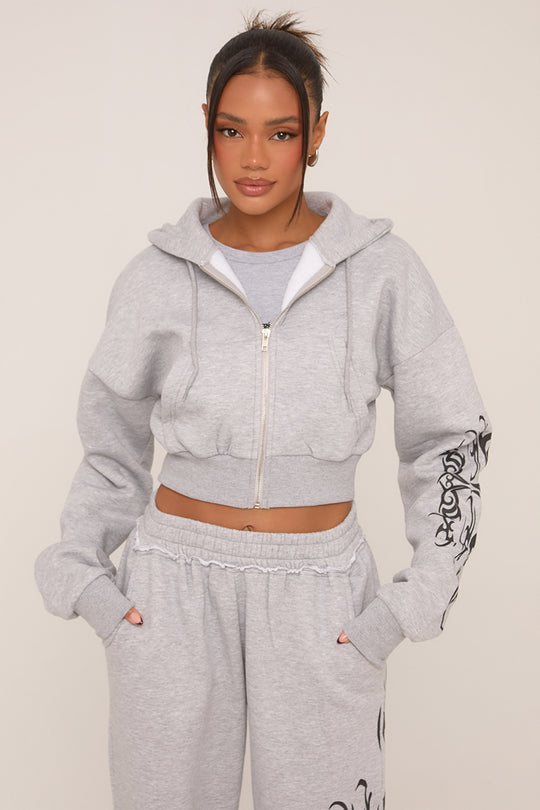 Grey Graphic Printed Zip Through Crop Hoodie - Charlee