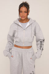 Grey Graphic Printed Zip Through Crop Hoodie - Charlee
