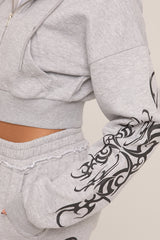 Grey Graphic Printed Zip Through Crop Hoodie - Charlee