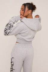 Grey Graphic Printed Zip Through Crop Hoodie - Charlee