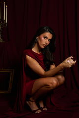 Wine Gathered Cape Mini Dress - Miyar