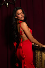 Red Rosette Trim Maxi Dress - Roseena