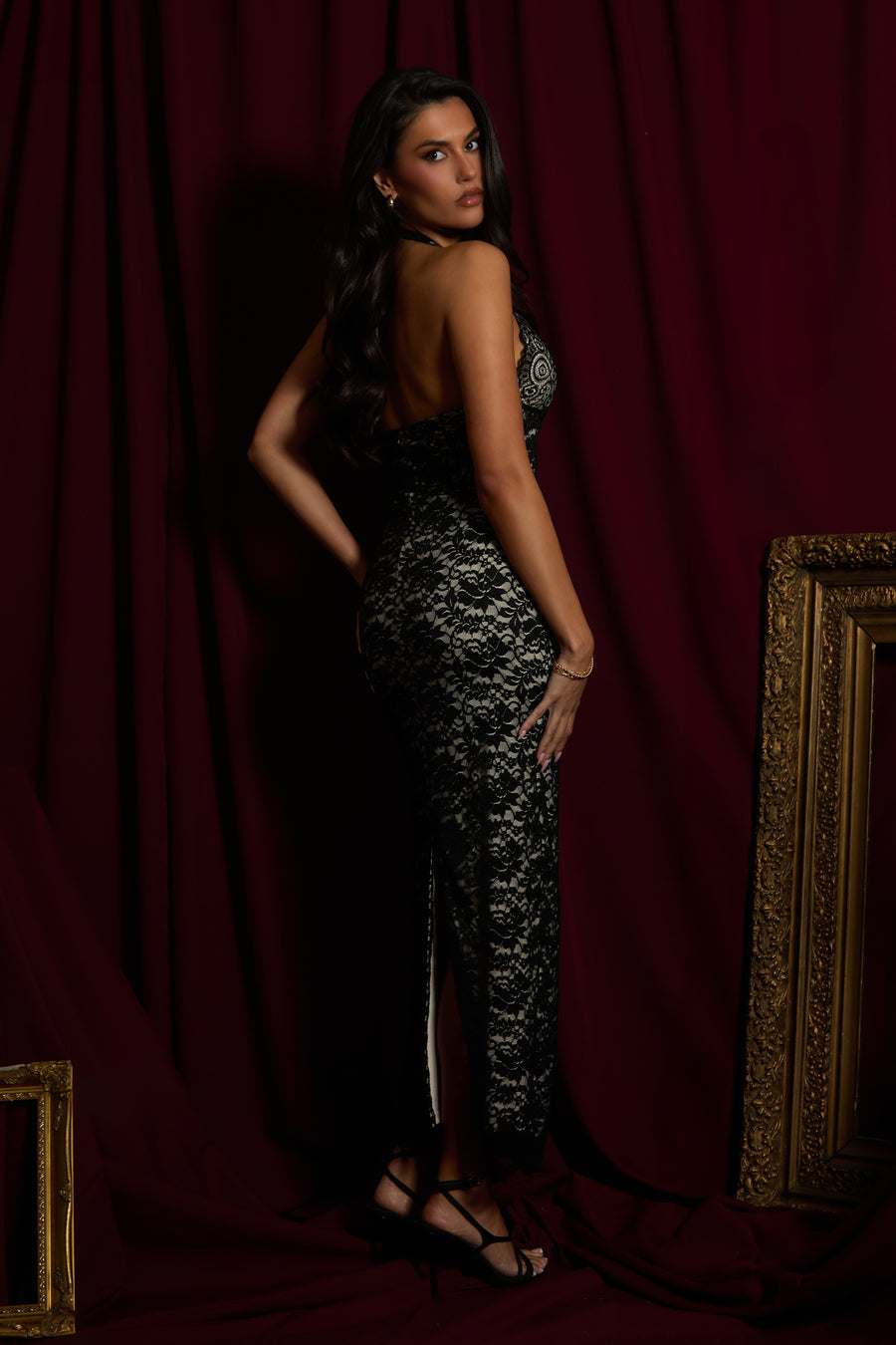 Black Contrast Lace Halterneck Maxi Dress - Reeva
