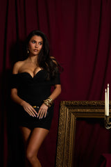 Black Mesh Plunge Bardot Mini Dress - Katrina