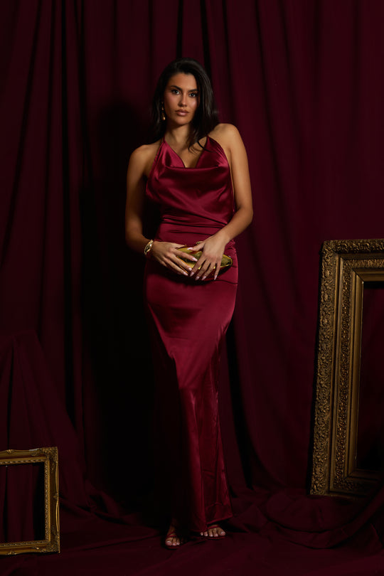 Wine Satin Cowl Neck Maxi Dress - Tansie