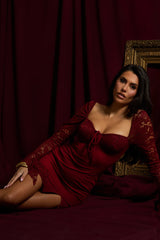 Wine Lace Long Sleeve Mini Dress - Myrah
