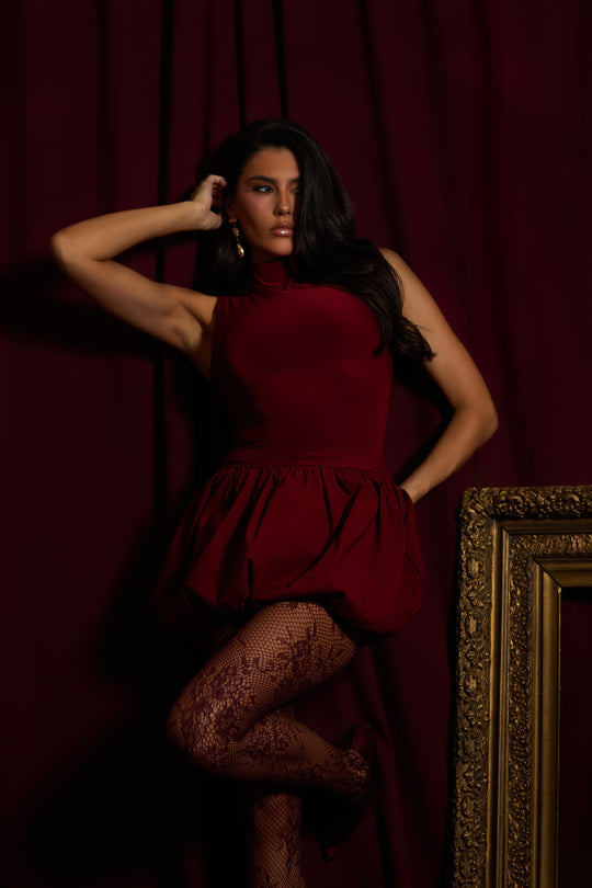 Wine High Neck Puffball Mini Dress - Carmelita