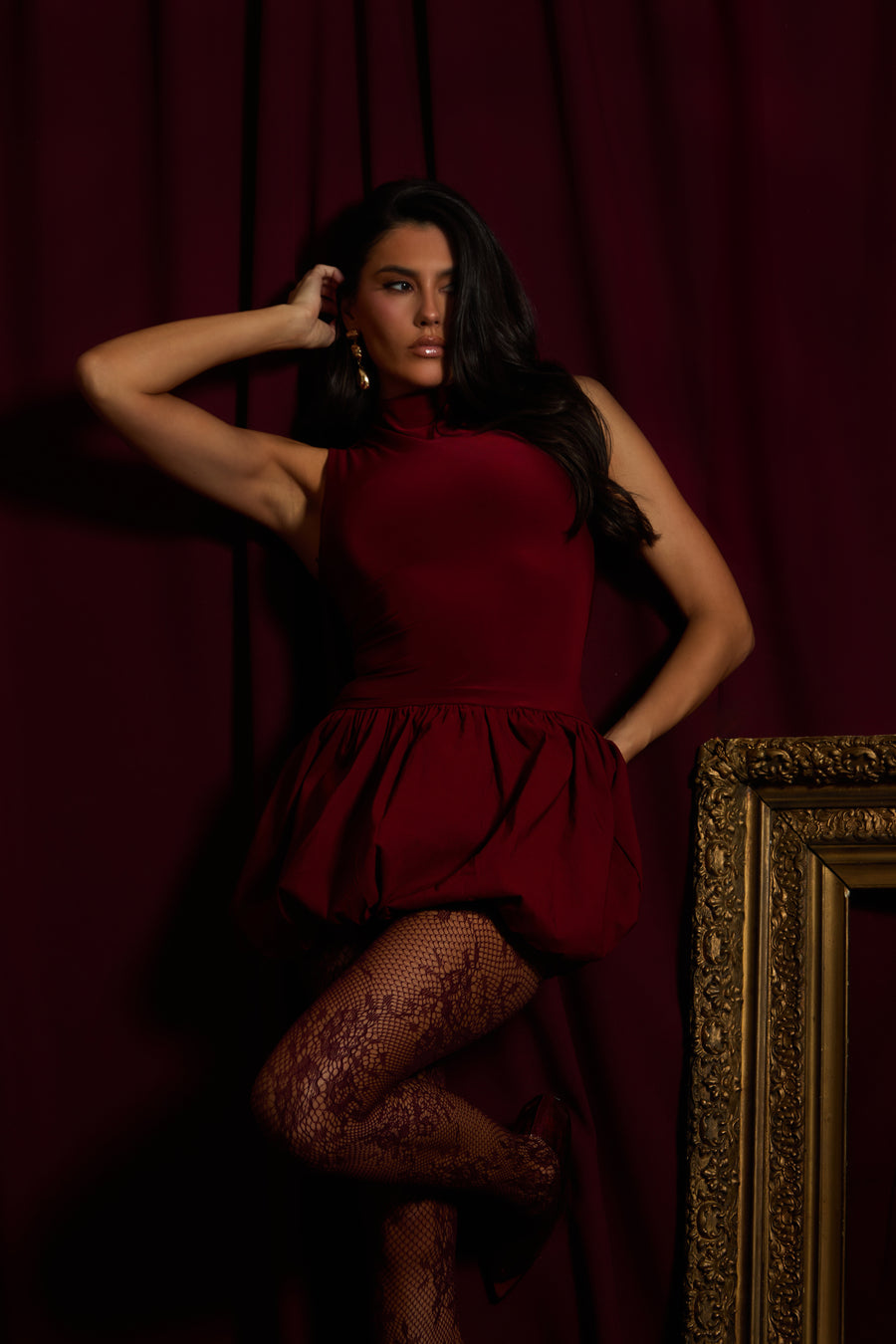 Wine High Neck Puffball Mini Dress - Carmelita