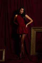 Wine High Neck Puffball Mini Dress - Carmelita