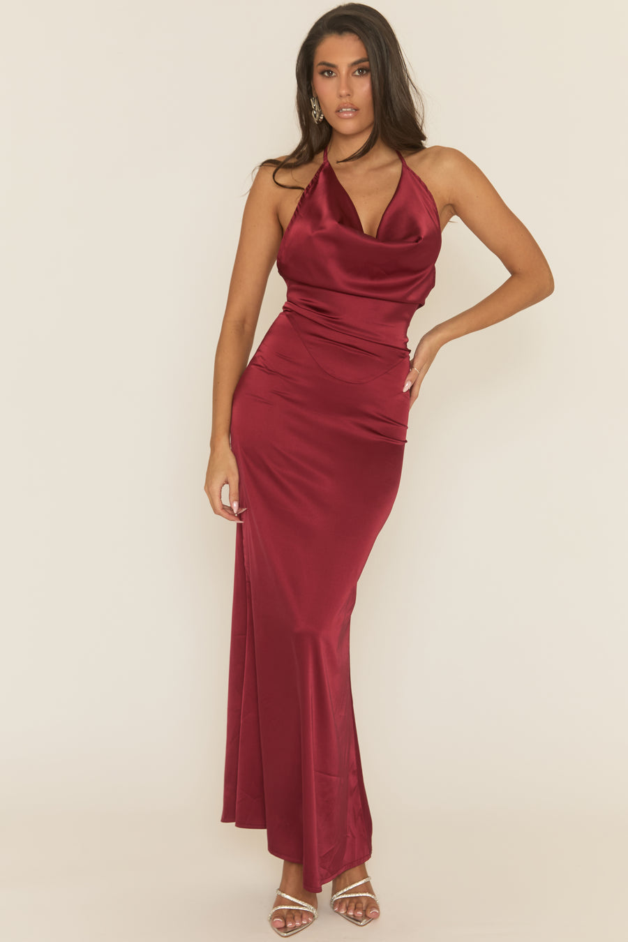 Wine Satin Cowl Neck Maxi Dress - Tansie