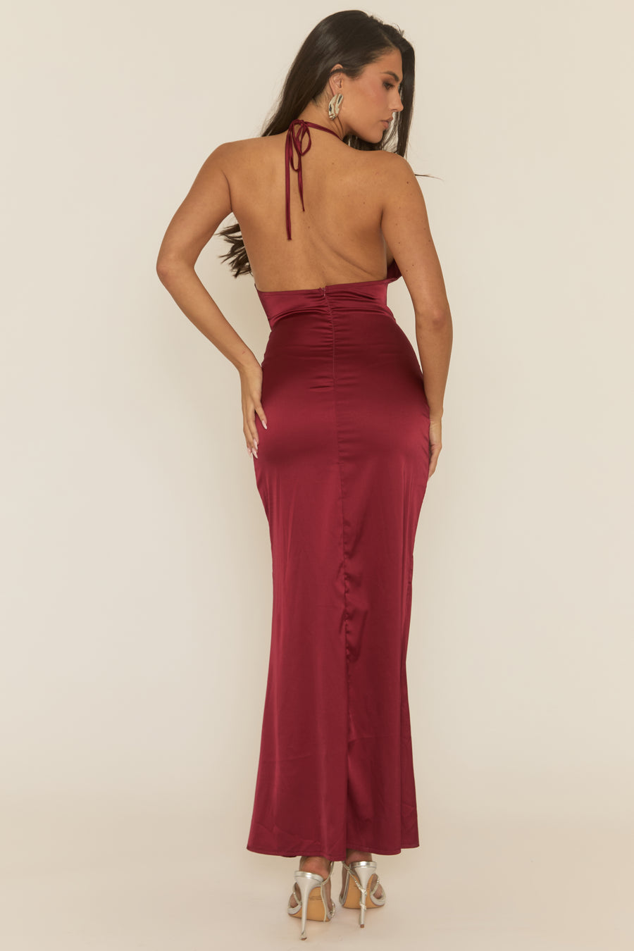 Wine Satin Cowl Neck Maxi Dress - Tansie