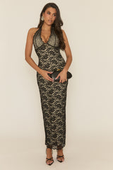 Black Contrast Lace Halterneck Maxi Dress - Reeva
