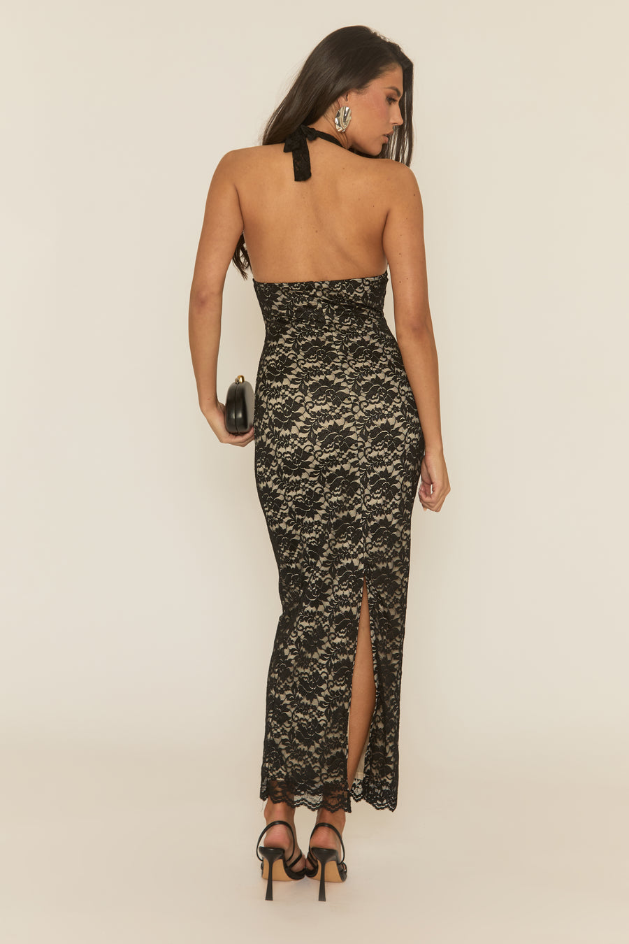 Black Contrast Lace Halterneck Maxi Dress - Reeva