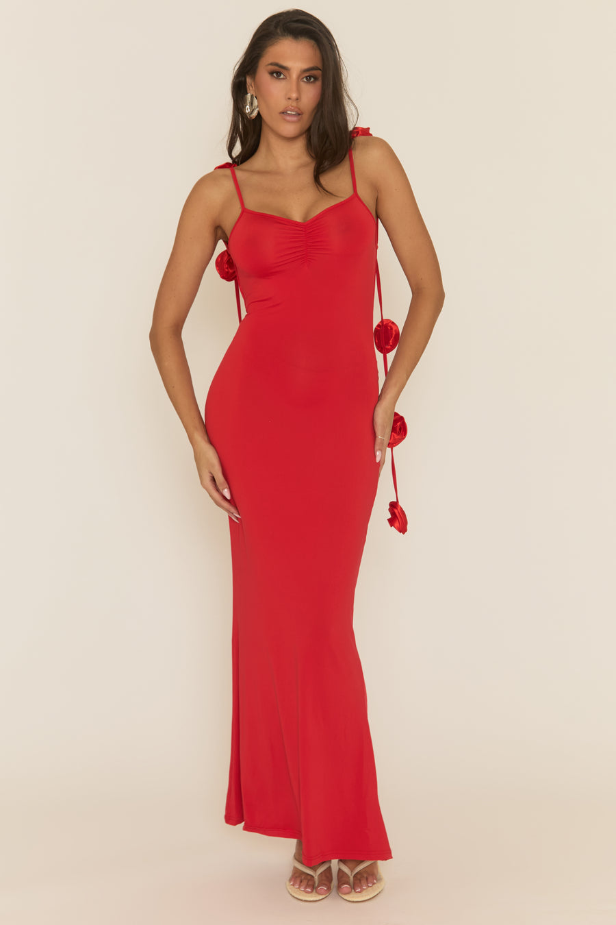 Red Rosette Trim Maxi Dress - Roseena