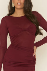 Wine Twist Front Long Sleeve Mini Dress - Reehan