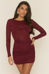 Wine Twist Front Long Sleeve Mini Dress - Reehan