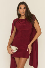 Wine Gathered Cape Mini Dress - Miyar