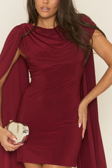 Wine Gathered Cape Mini Dress - Miyar