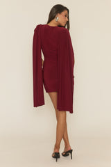 Wine Gathered Cape Mini Dress - Miyar