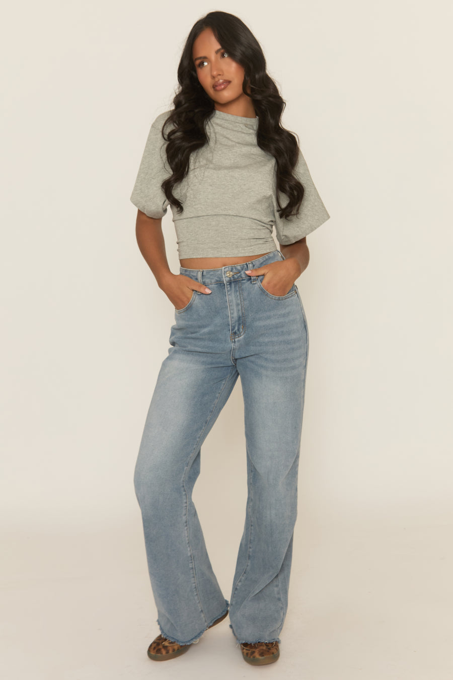 Grey Short Sleeve Cinched Waist T-Shirt - Hilde