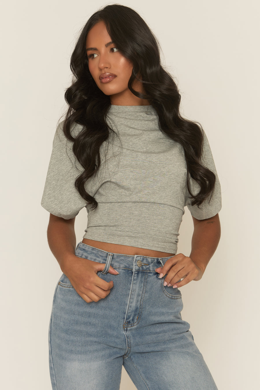 Grey Short Sleeve Cinched Waist T-Shirt - Hilde