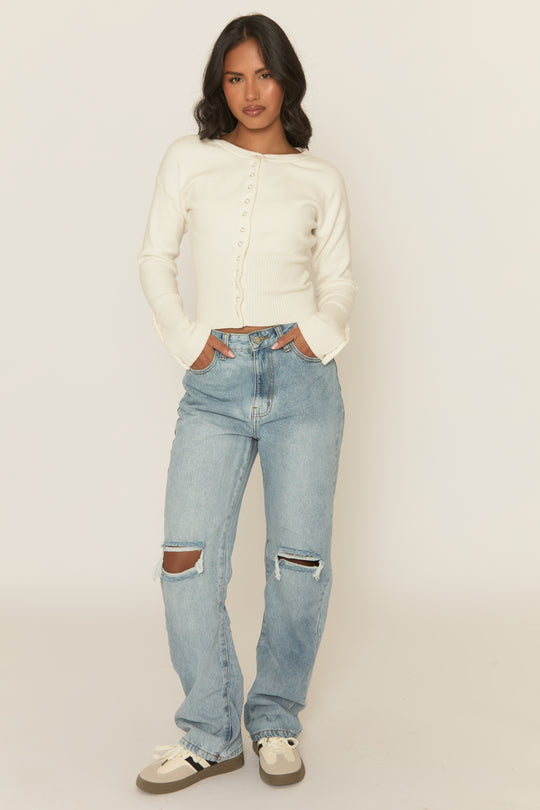 Mid Wash Denim Distressed Knee Extra Long Jeans - Ivelisse