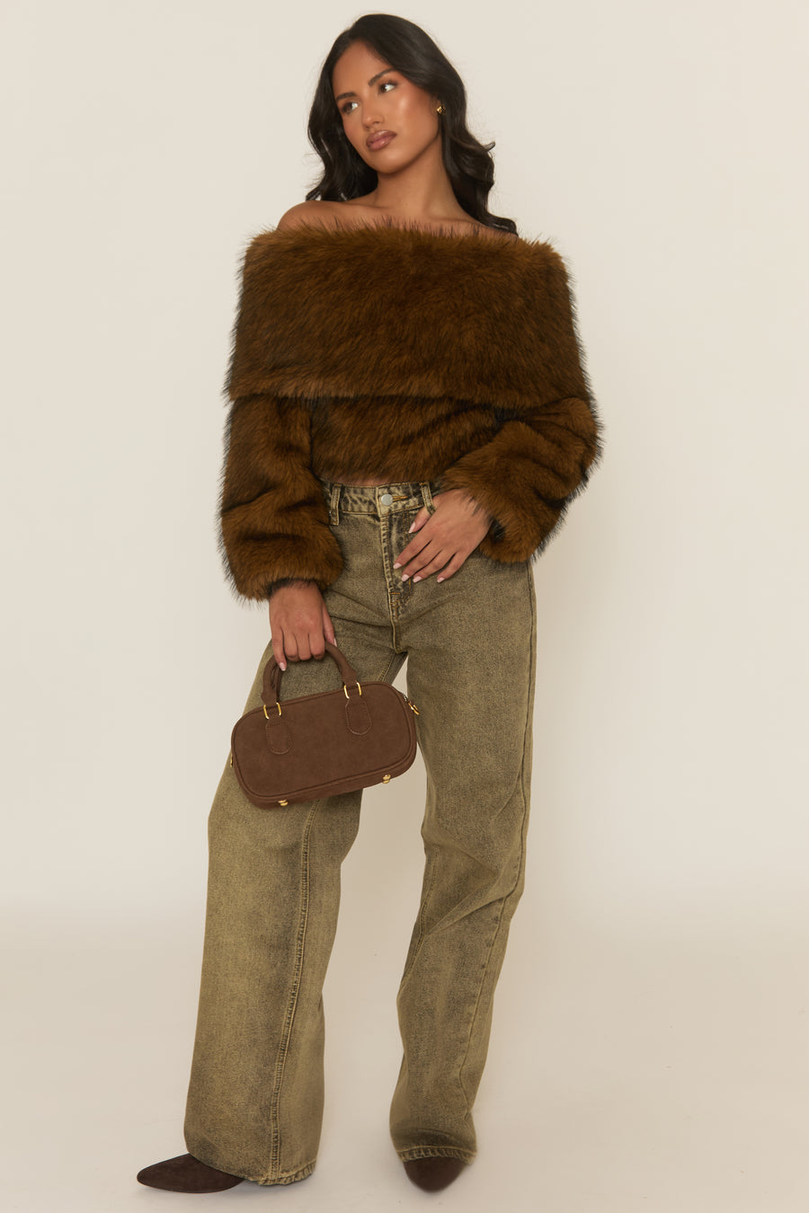 Brown Off Shoulder Faux Fur Jumper - Liriana