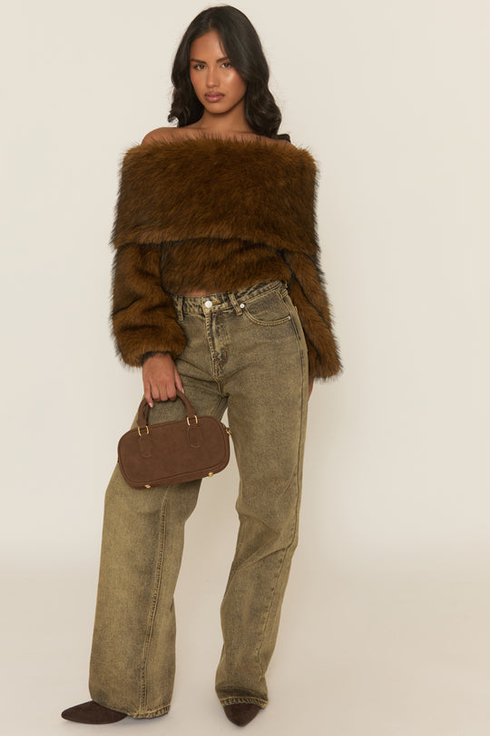 Brown Off Shoulder Faux Fur Jumper - Liriana