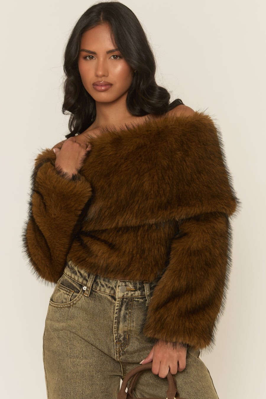 Brown Off Shoulder Faux Fur Jumper - Liriana