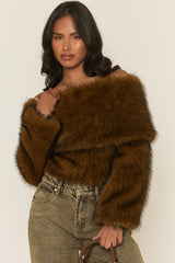 Brown Off Shoulder Faux Fur Jumper - Liriana