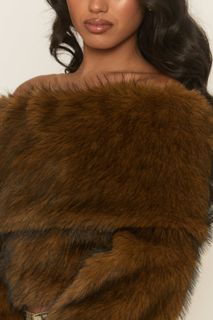 Brown Off Shoulder Faux Fur Jumper - Liriana