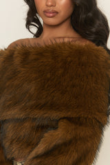 Brown Off Shoulder Faux Fur Jumper - Liriana
