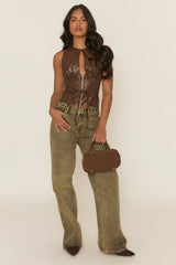 Chocolate Faux Leather Zip Front Top - Sharleigh