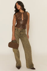 Chocolate Faux Leather Zip Front Top - Sharleigh