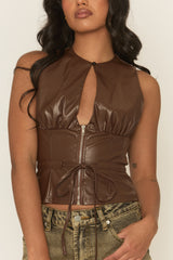 Chocolate Faux Leather Zip Front Top - Sharleigh