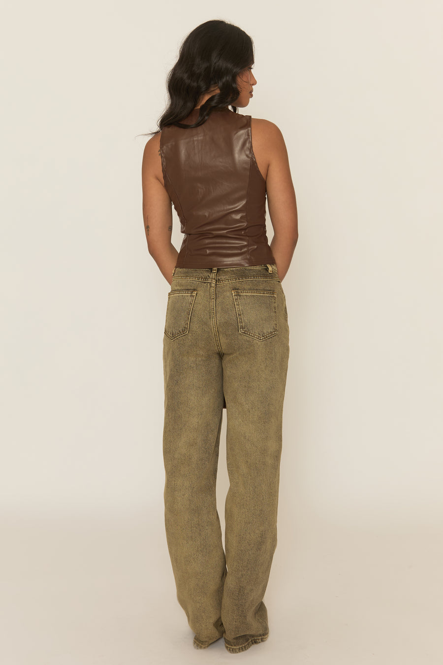 Chocolate Faux Leather Zip Front Top - Sharleigh