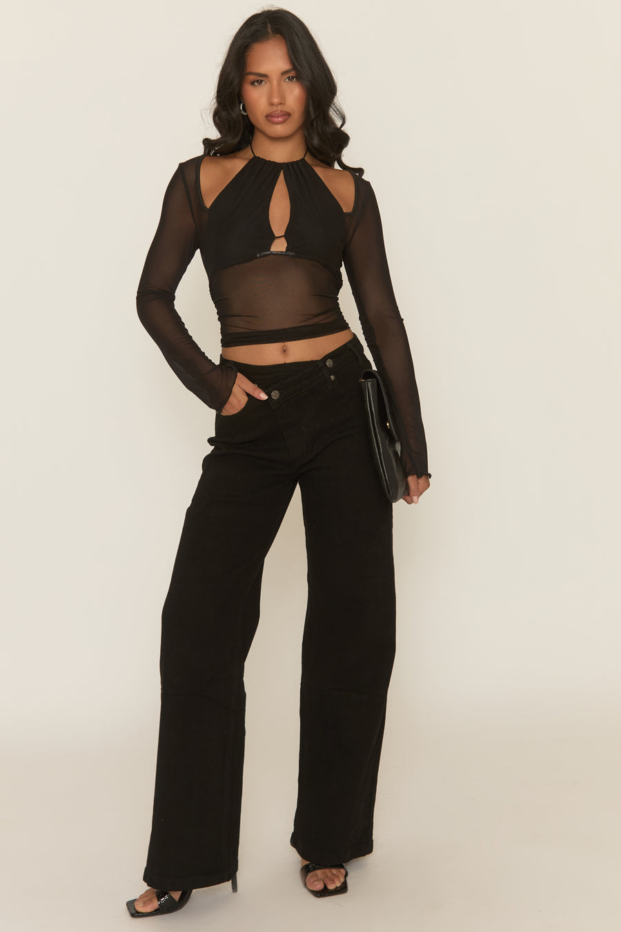Black Mesh Long Sleeve Cut Out Top - Jody
