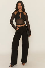 Black Mesh Long Sleeve Cut Out Top - Jody