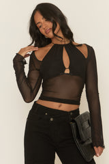Black Mesh Long Sleeve Cut Out Top - Jody