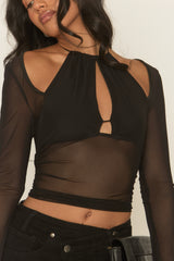 Black Mesh Long Sleeve Cut Out Top - Jody