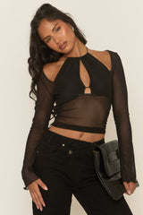 Black Mesh Long Sleeve Cut Out Top - Jody